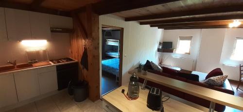 uma cozinha e uma sala de estar com um sofá num quarto em L' appartement du Camping Hautoreille em Bannes