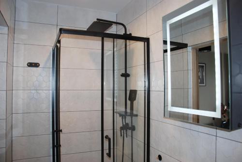 ducha con puerta de cristal y espejo en Kryjówka Męża, en Zawiercie