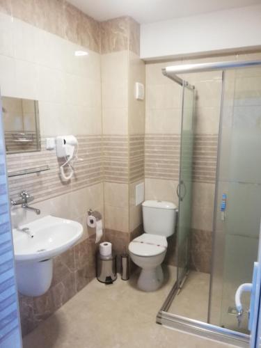 ein Badezimmer mit Toilette, Waschbecken und Dusche in der Unterkunft Вила ОБЗОР in Progled