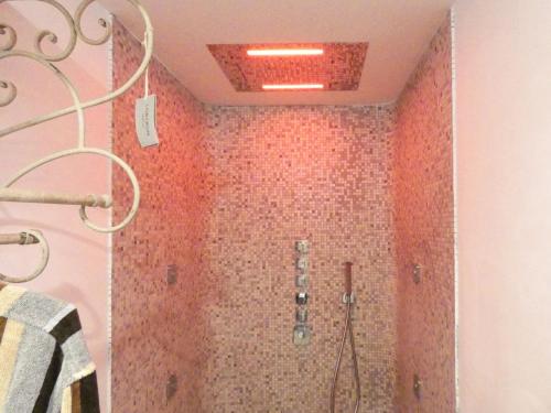 a shower in a bathroom with a tile wall at Chalet Jeschkenpanorama by Interhome in Kurort Oybin