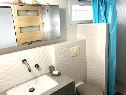 une salle de bain avec un lavabo et un miroir et des toilettes dans l'établissement Azur Cassis, à Cassis