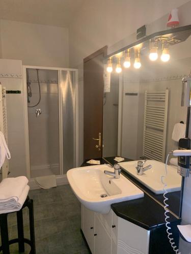 a bathroom with a white sink and a shower at Hotel Firenze in Fanano