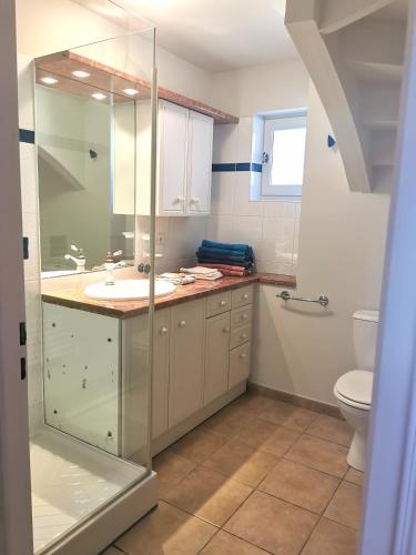 Un baño con ducha, lavabo e inodoro. en Gîte de la Ferme de la Terve, en Bruailles