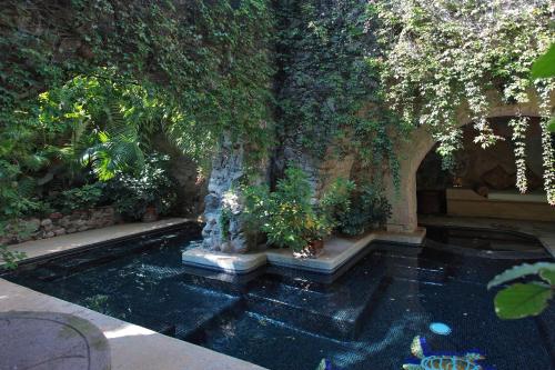 a garden with a pond with a tree in it at Hacienda San Gabriel de las Palmas in Amacuzac
