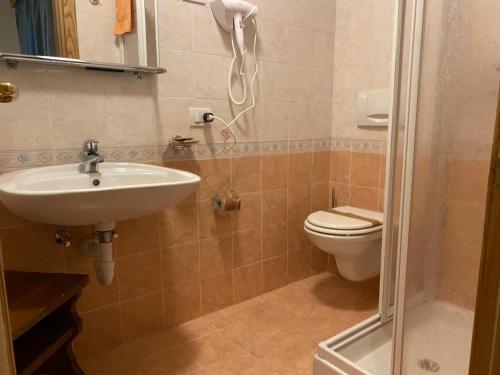 een badkamer met een toilet, een wastafel en een douche bij Appartamento Piz Orsera in Livigno