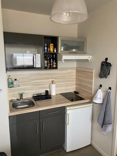 a small kitchen with a sink and a microwave at Cocon déco + terrasse & parking fermé Zénith Ester in Limoges