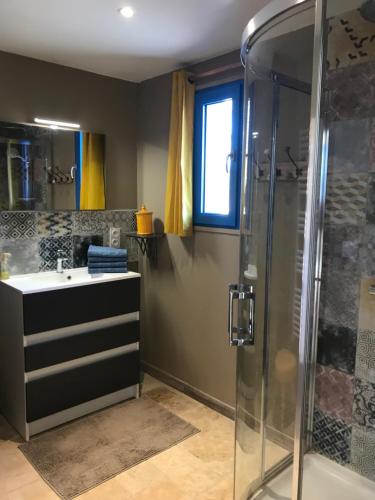 La salle de bains est pourvue d'un lavabo et d'une douche. dans l'établissement GITE "COTE JARDIN", à Vannecrocq