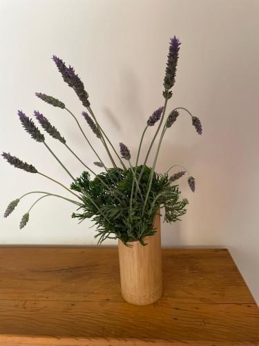 a vase with purple flowers sitting on a table at Chalé Terrarum in Santo Antônio do Pinhal