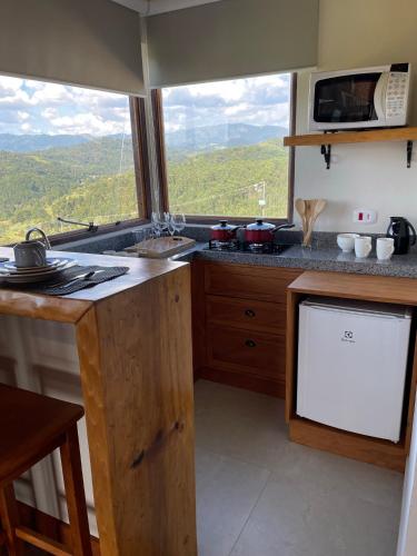 a kitchen with a counter with a microwave and a stove at Chalé Terrarum in Santo Antônio do Pinhal