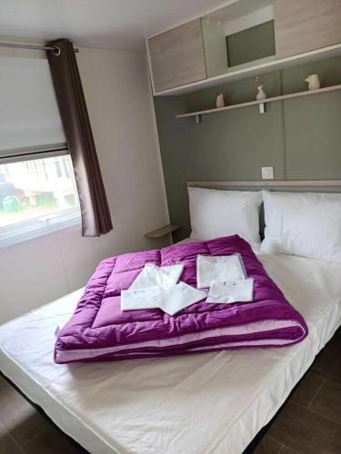 - une couverture violette sur un lit dans une chambre dans l'établissement Bungalow charmant à Onzain avec piscine partagée, à Onzain