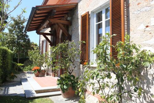 a window with wooden shutters on a building with plants at Villa Vanna - the ancient Forte just in the center in Forte dei Marmi
