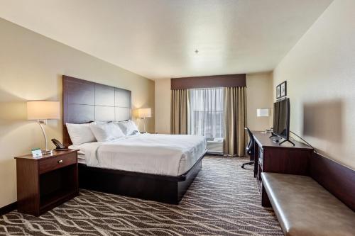 una camera d'albergo con letto e TV di Cobblestone Hotel & Suites - Little Chute a Little Chute