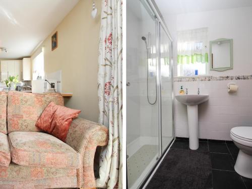 a bathroom with a couch and a shower and a toilet at Sunny Cabin in Tintagel