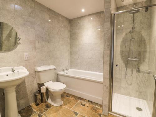 Un baño con inodoro, lavabo y ducha. en The Coach House, en Bodmin