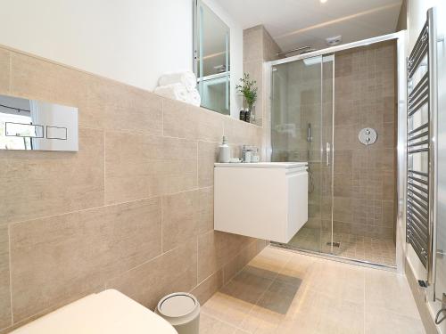 Un baño con ducha, inodoro y lavabo. en The Stable, Boskensoe Barns, en Falmouth