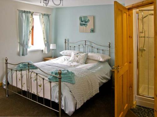 a bedroom with a bed and a walk in shower at Ty Isaf Penrhyddion in Betws-y-coed