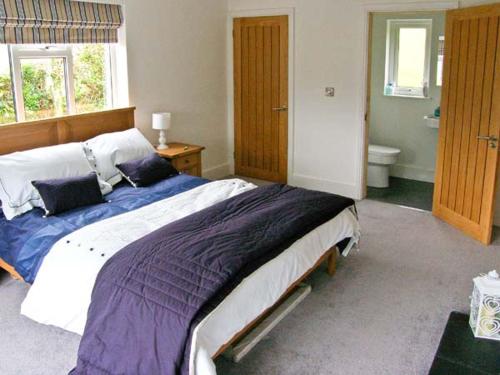 a bedroom with a large bed and a bathroom at Llechwedd in Dolgellau