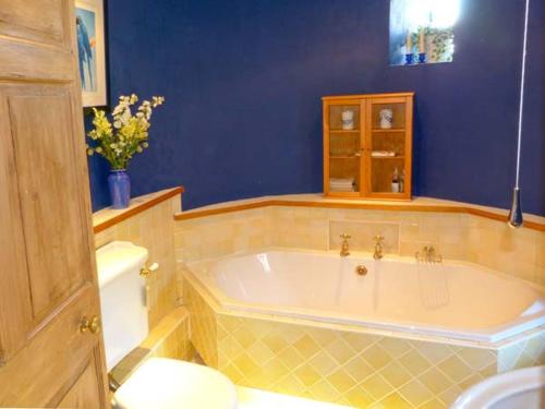 a blue bathroom with a tub and a toilet at Smardale Hall in Crosby Garrett