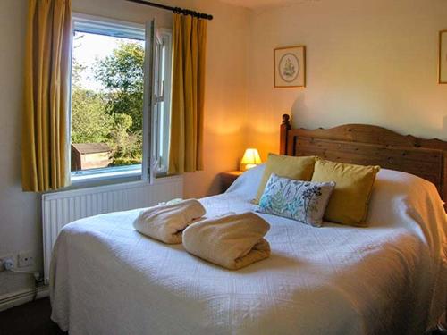 a bedroom with a white bed with pillows and a window at Aqueduct Cottage in Chirk
