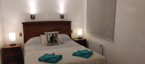 a bedroom with a bed with two green pillows on it at Casa del Kayak in Punta Arenas