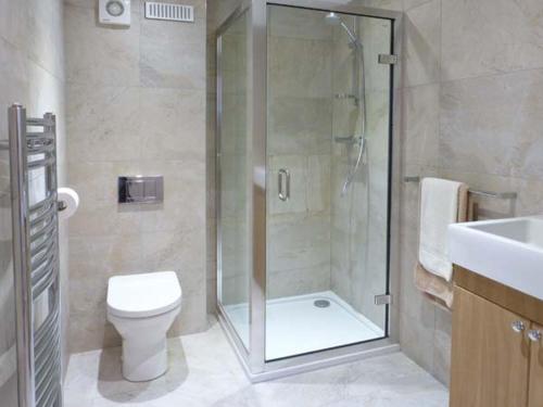 a bathroom with a shower and a toilet and a sink at Muirmailing Cottage in Plean