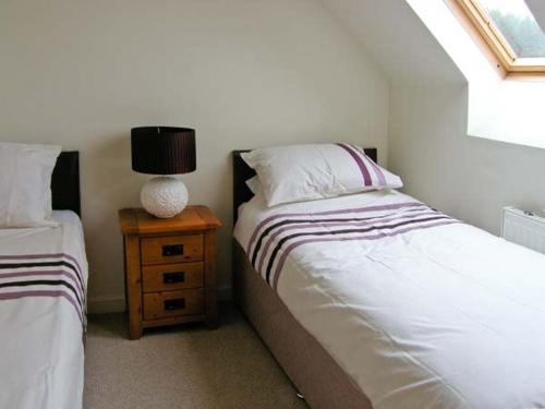 a bedroom with two beds and a lamp on a night stand at Harrison's Cottage in Llandegla