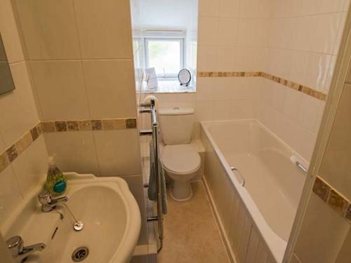 a bathroom with a toilet and a tub and a sink at Carreg Lwyd in Blaenau-Ffestiniog