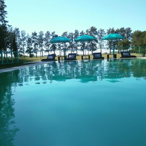 a swimming pool with chairs and umbrellas at La Perdida Casa de Campo in San Antonio de Areco