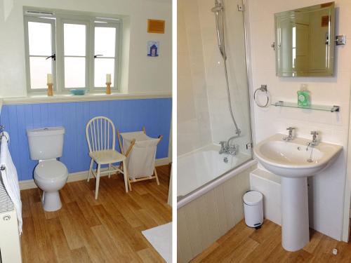 two pictures of a bathroom with a toilet and a sink at Beaconsfield Cottage in Briston