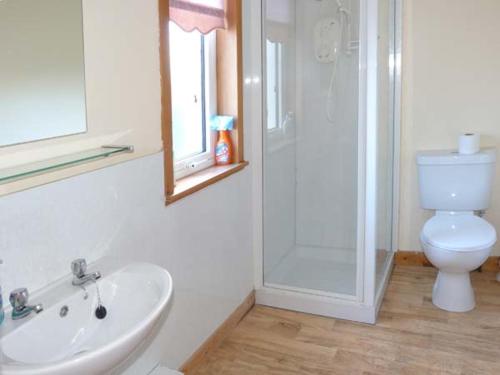 a bathroom with a toilet and a sink and a shower at Amber's Cottage in Staffin