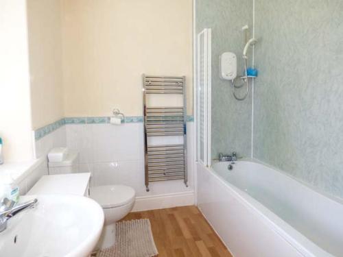 a white bathroom with a toilet and a sink at Pensychnant Cottage in Conwy