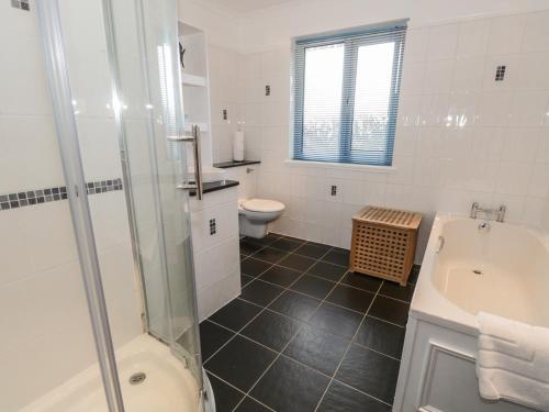 a bathroom with a shower and a sink and a toilet at Thompson Cottage in Troutbeck