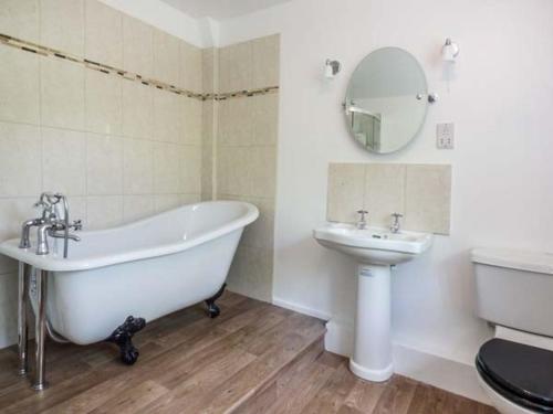 a bathroom with a tub and a sink and a mirror at Groes Newydd Bach in Llandecwyn