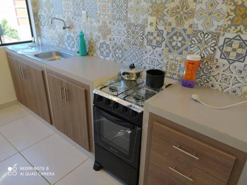 a kitchen with a stove and a sink at Apart 2 habitaciones vista a Itaipú - 32 in Ciudad del Este
