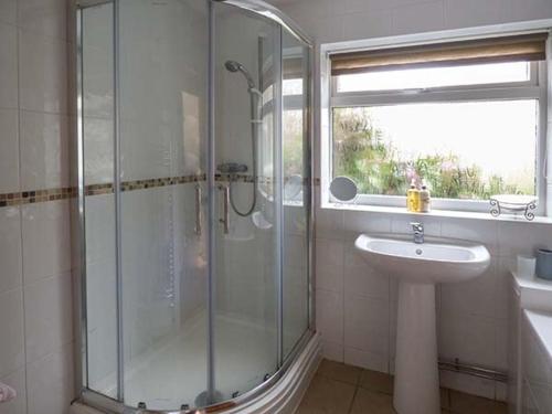 a bathroom with a glass shower and a sink at Simdda Wen Cottage in Llanddona