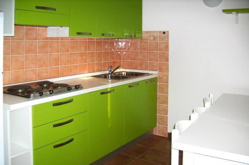 une cuisine avec des armoires vertes et un évier dans l'établissement Apartment near Pinarellu Bay Beach, à Zonza