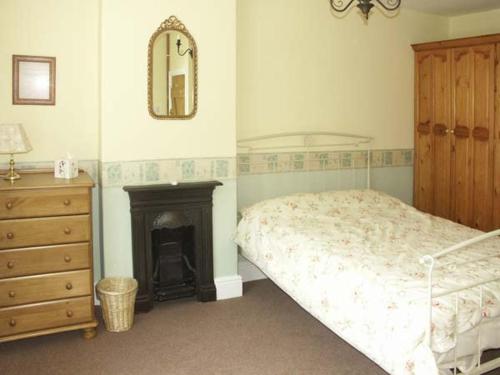 a bedroom with a bed with a fireplace and a mirror at Pabo Lodge in Llandudno Junction