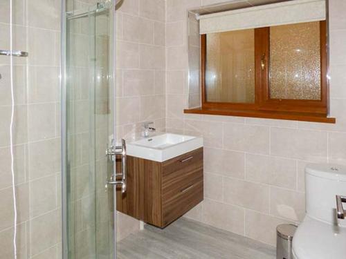 een badkamer met een toilet, een wastafel en een douche bij 1 The Potteries in Eryholme