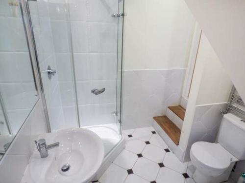 uma casa de banho com um chuveiro, um lavatório e um WC. em Old Farm House em Great Rowsley