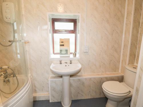 een badkamer met een wastafel, een toilet en een raam bij Dyffryn Bach in Rug