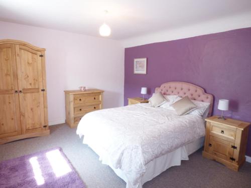 a bedroom with a bed and a purple wall at Y Bwythyn at Henfaes in Rhydymain