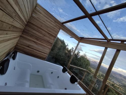 瓜斯卡的住宿－Glamping El Edén Guasca Cundinamarca，客房享有玻璃天花板的景致。