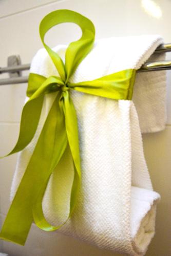 a towel with a green ribbon on a towel rack at Cabana Plapumioara in Crucea