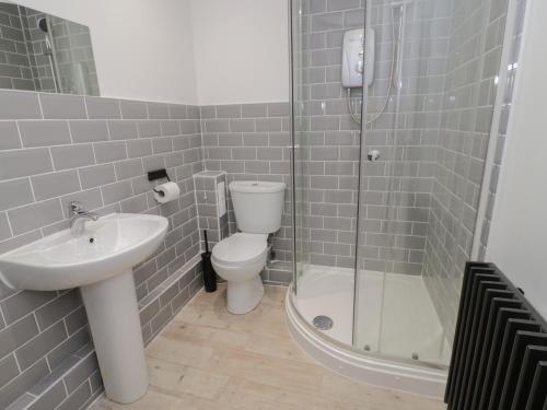 a bathroom with a toilet and a sink and a shower at The Studio The Old Post Office in Cemaes Bay
