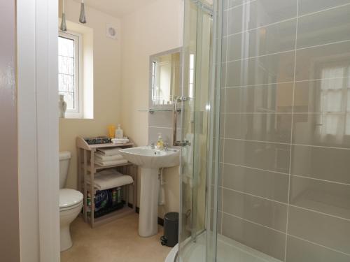y baño con aseo, lavabo y ducha. en Mrs Dale's Cottage en Clenchwarton