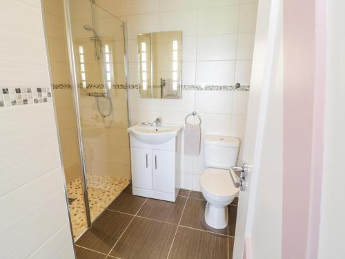 a bathroom with a toilet and a sink and a shower at 2 Y Bae in Trearddur