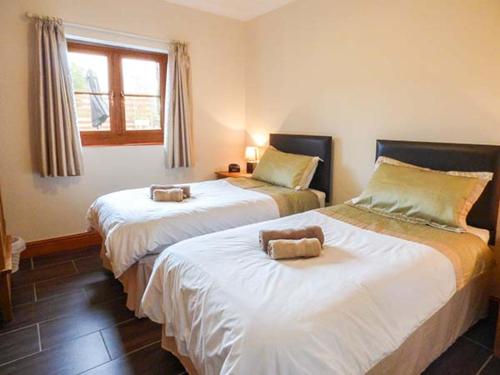 2 Betten in einem Zimmer mit Fenster in der Unterkunft Y Bwthyn in Ystrad Meurig