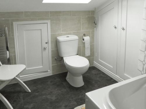 a bathroom with a toilet and a bath tub at River Cottage in Staithes