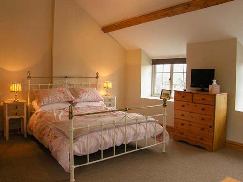a bedroom with a bed and a television and a dresser at Ty Cerrig in Mold