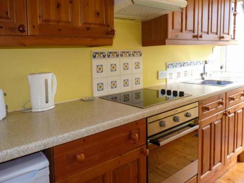 a kitchen with wooden cabinets and a counter top at Sunshine Cottage in Teignmouth